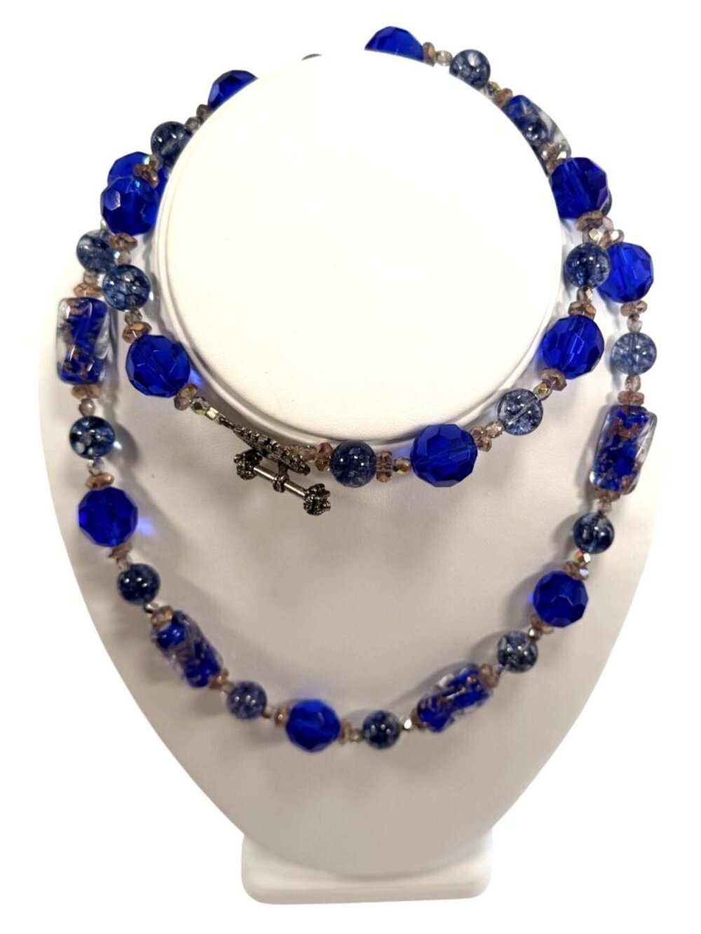 Cobalt Blue Glass Bead Necklace 28" Toggle Clasp Handmade Jewelry Statement - Picture 4 of 7